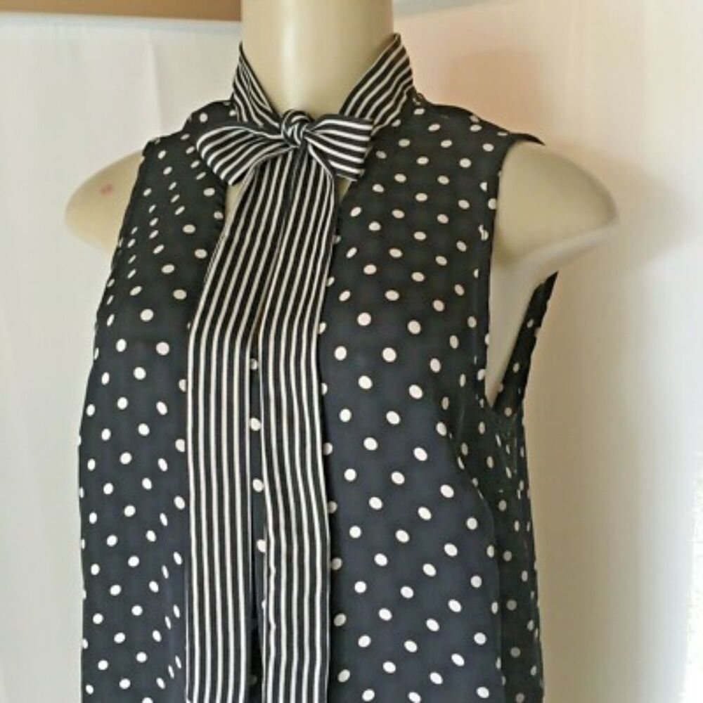 ELLE Black Polka Dot Sleeveless Tie-Neck Blouse